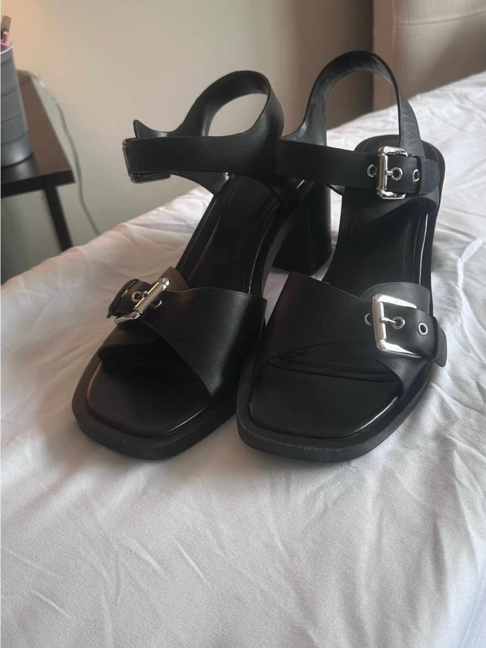 Zara Black Block-Heel Sandals with Silver Buckles